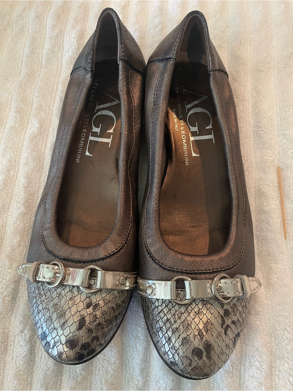 AGL Metallic Brown Ballet Flats with Silver Snakeskin Toe Buckle